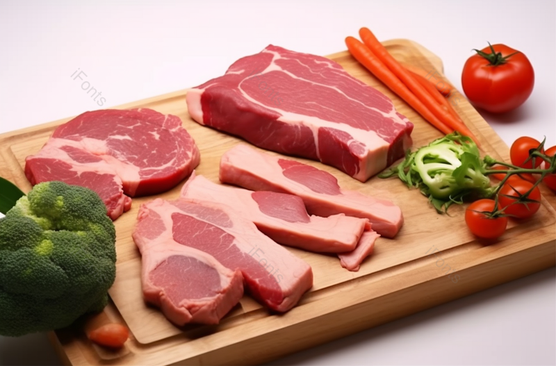 西兰花西红柿蔬菜红肉瘦肉木质案板白色背景,高清,摄影图,摄影图片,图片大全,摄影图免费下载